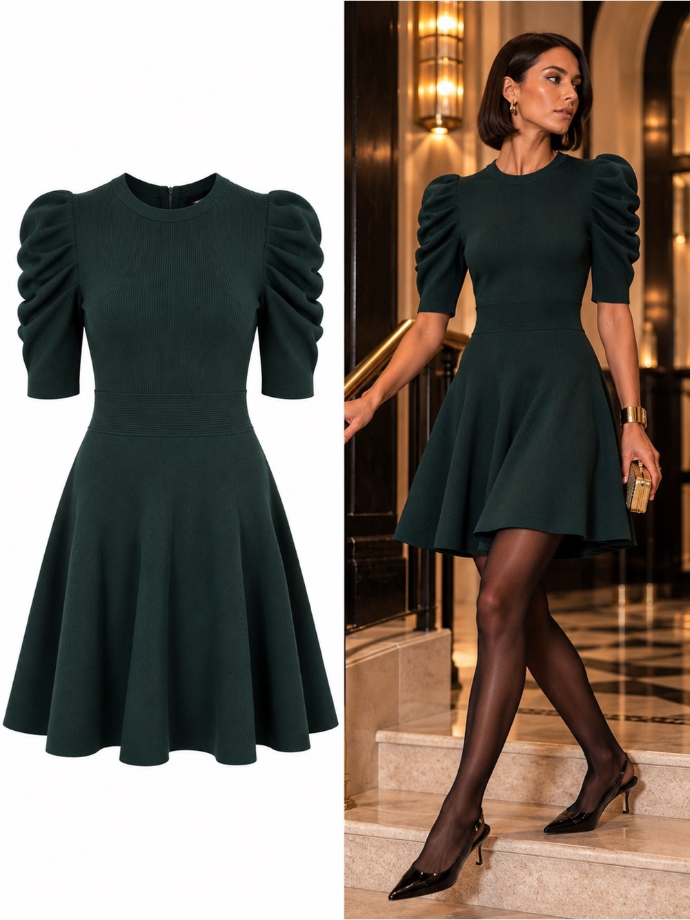 Ted Baker Llorna Puff Sleeve Knit Fit & Flare Dress Green Size 2 NWOT